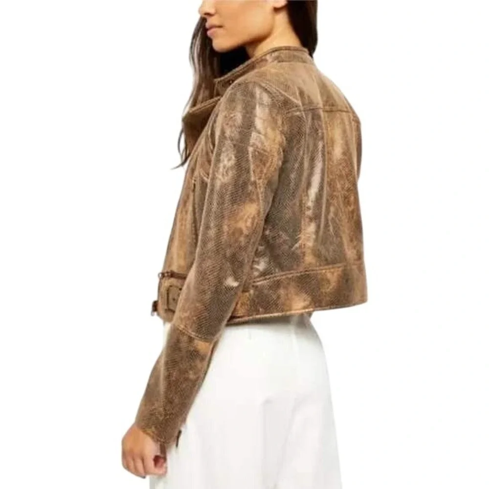 Free‎ People We The Free Snake Print Vegan Leather Moto Jacket Brown L NWT - Picture 4 of 15